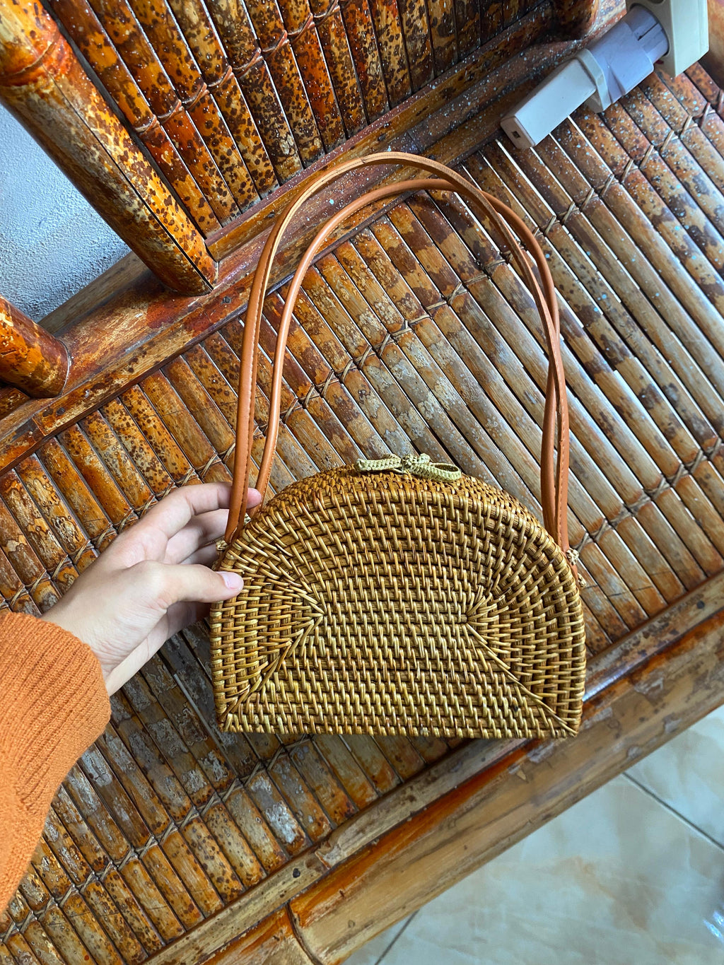 Half Circle Shape Handwoven  Rattan Bag,Rattan Hand Made Bag Circle Shape Stylish Women, Shoulder Bag for Beach And Daily Parties